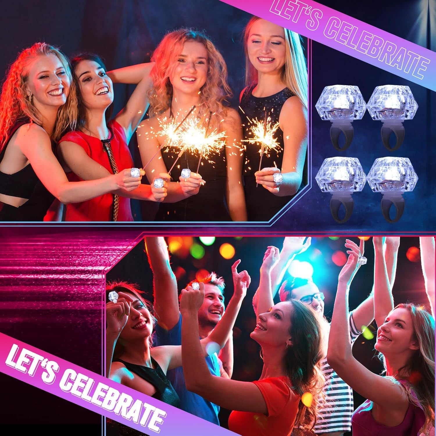 LED Light Up Diamond Rings, Flashing Glow in the Dark Party Favors for Bachelorette, Wedding, Bridal Shower, Birthday Kids