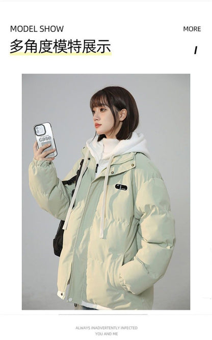 Korean Version New Fashion Letter Patch Fake Two Piece Cotton-padded Jacket Y2K Harajuku Vintage Thick Bread Loose Student Coats