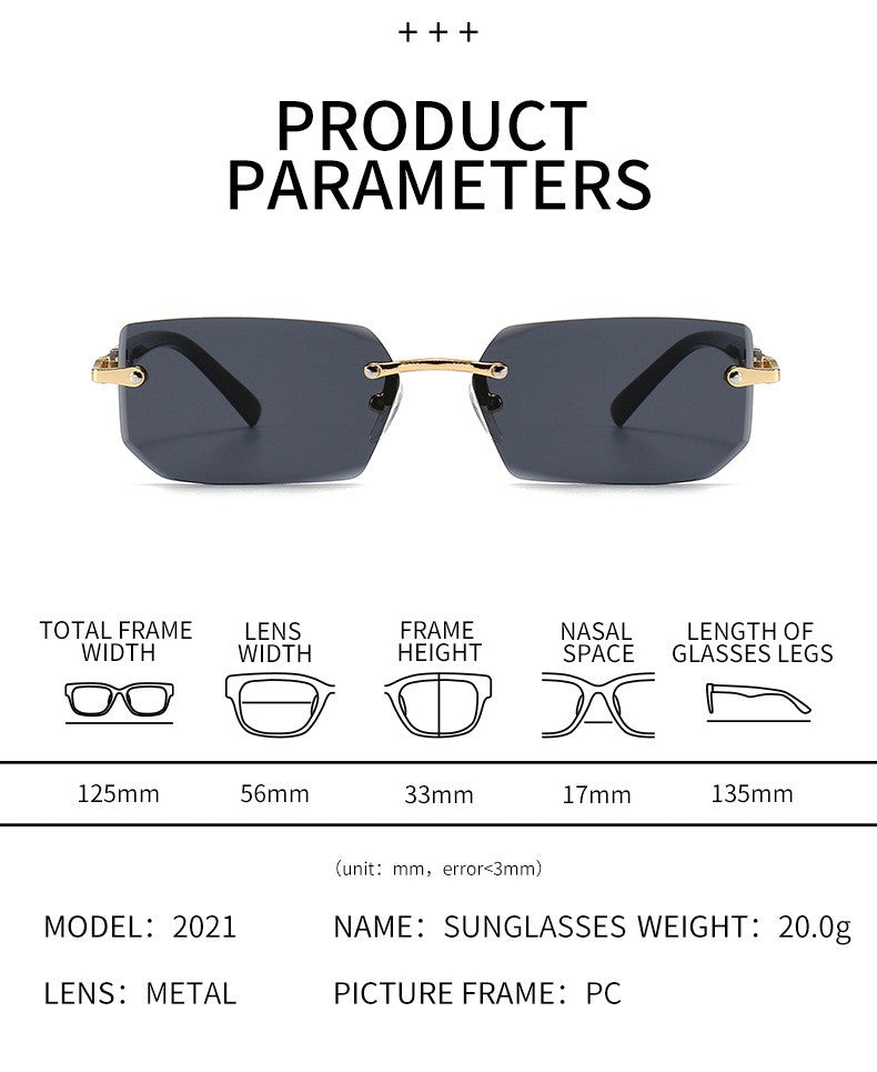 Óculos de Sol Retangulares sem Aro Modernos Populares Femininos Masculinos Óculos de Sol Pequenos Quadrados Para Mulheres Homens Viagem de Verão Oculos
