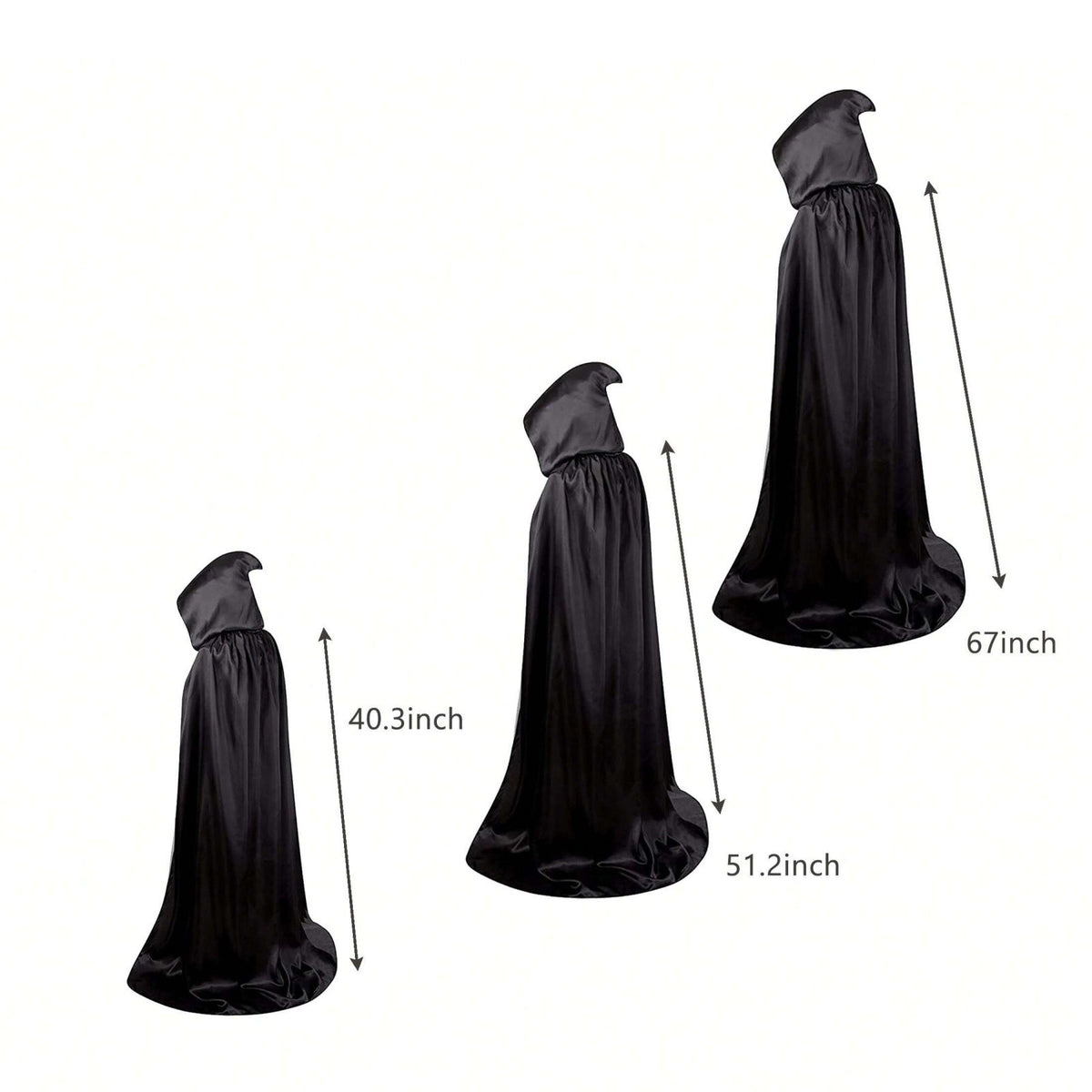 1 Piece of Halloween Cape with 3 Sizes Available. It is a black Grim Reaper cloak made of satin, featuring a stand-up collar