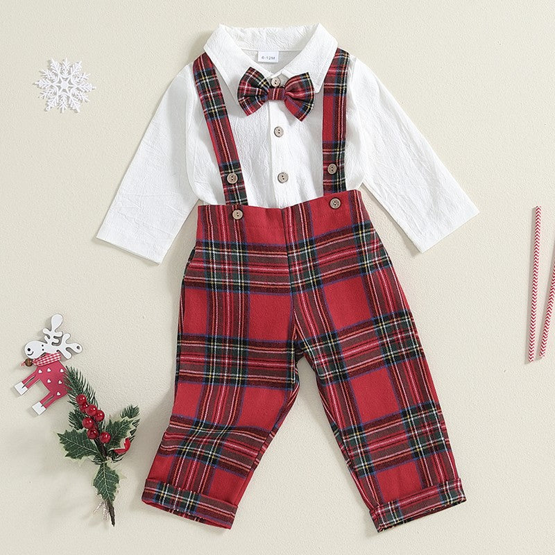 Baby Boy Gentleman Outfits Long Sleeve Lapel Romper + Plaid Suspender Pants + Bow Tie 3Pcs Sets Newborn Toddler Christmas Formal