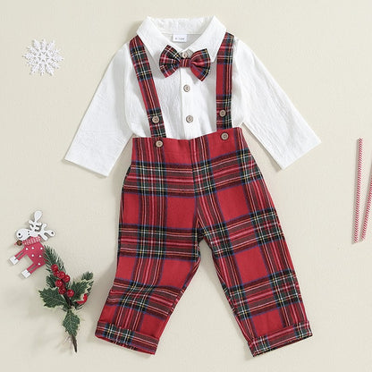 Baby Boy Gentleman Outfits Long Sleeve Lapel Romper + Plaid Suspender Pants + Bow Tie 3Pcs Sets Newborn Toddler Christmas Formal