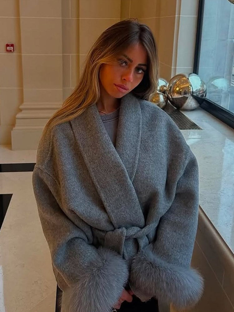 Casacos Curtos de Lã Elegantes com Cadarço Sólido Lapela Solta Cinto Peludo Manga Longa Jaqueta Feminina 2025 Outono Inverno Lady Chique Cardigãs
