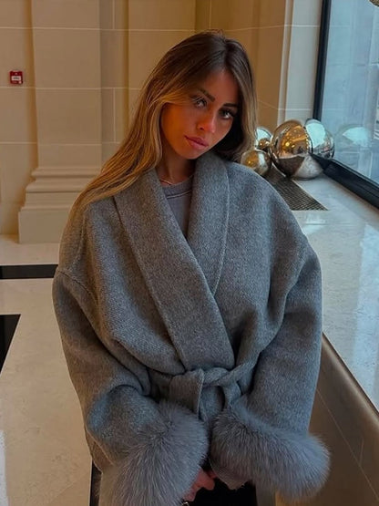 Casacos Curtos de Lã Elegantes com Cadarço Sólido Lapela Solta Cinto Peludo Manga Longa Jaqueta Feminina 2025 Outono Inverno Lady Chique Cardigãs