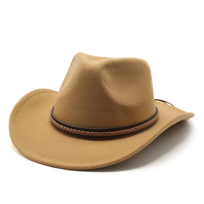 Winter Roll Up Brim Western Cowboy Hat With Leather Retro Gentleman Lady Jazz Cowgirl Cap Church Sombrero Caps