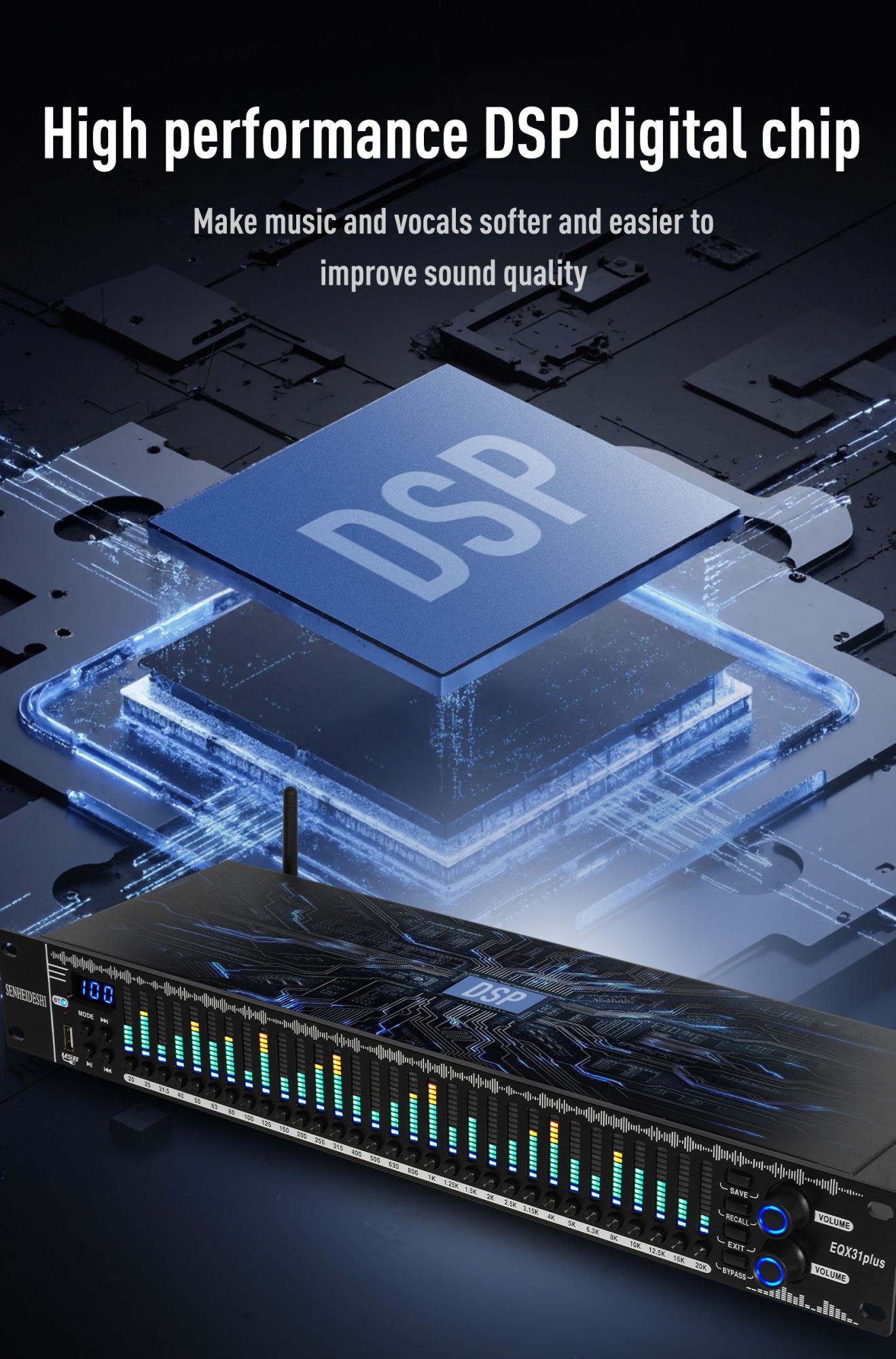 EQ31SUB Digital Equalizer 31 Stage Tuner Professional Stage Performance Noise Reduction Audio Processing