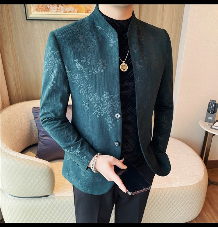 Men's New Chinese Stand Collar Blazer Jacket 2025 Fashion Elegant Printed Slim Fit Business Suits Jacket Tailcoat Men Clothing