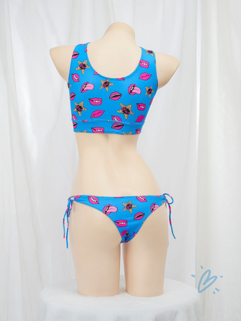 Anime Beach Girl Red Lip And Yellow Danger Warning Line Uniform Printing Bikini Swimsuit Underwear Women Outfits Cosplay Costume