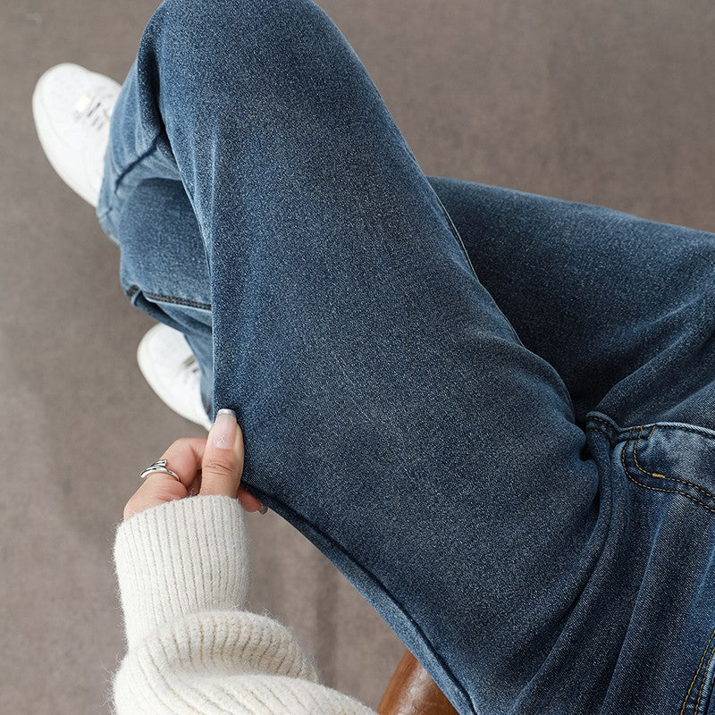 Women's Winter Fleece Warm Jeans Retro Elastic Thickened Comfortable Straight Fashion Korean Casual Female Velvet Denim Pants