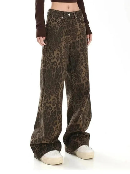 American vintage leopard print jeans female autumn winter new design sense small straight tube overalls casual pants