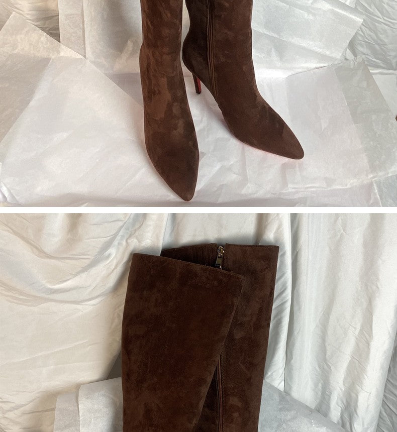 Ods Luxury Designer Sexy Pointed Toe Pole Knee High Brown Black Leather Red Sole Botas Mujer Boots For Women 8 10cm Big 41434546