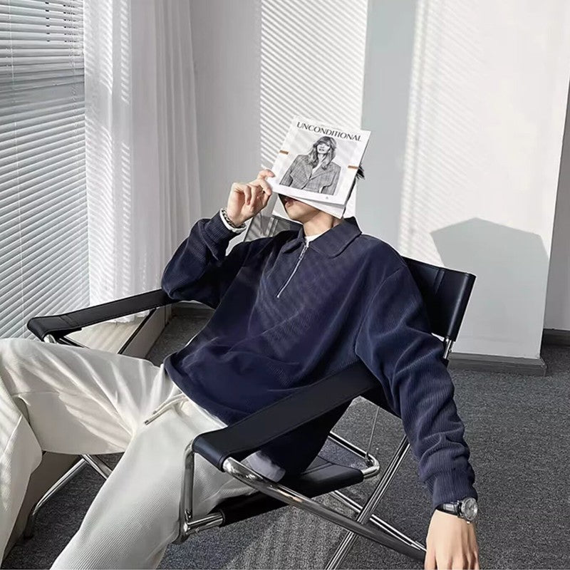 Autumn Vintage Polo Collar Sweater Men's Thickened Loose-Fit Half Zipper Knitwear New Anti-Pilling Flip Pullover Knit Sweaters