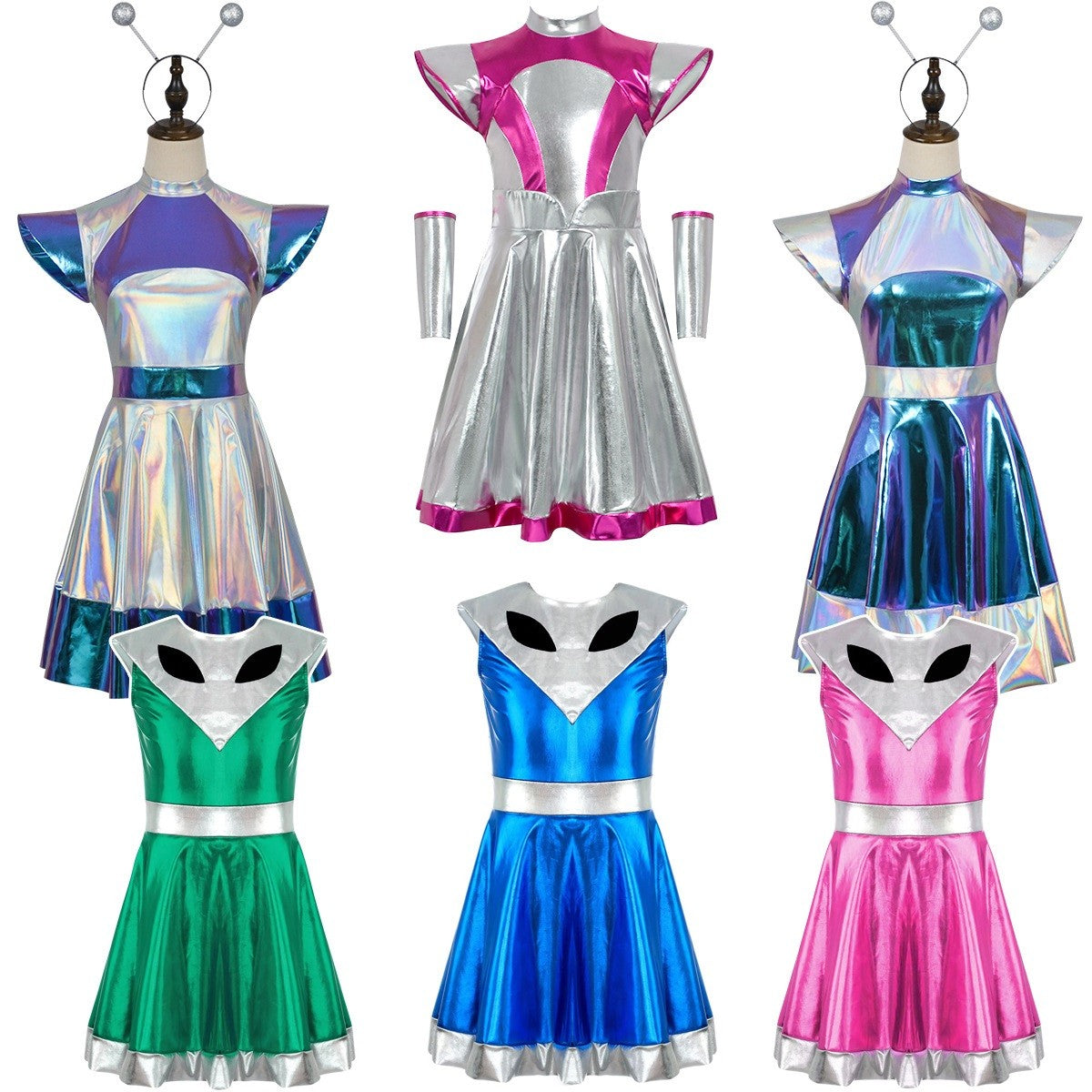 Cyber Alien Laser Reflective Alien Cosplay Dress, Adult and Children's Party Outfit, Including Tentacle Headpiece