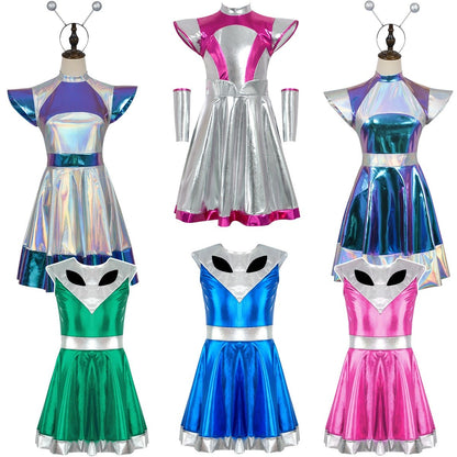 Cyber Alien Laser Reflective Alien Cosplay Dress, Adult and Children's Party Outfit, Including Tentacle Headpiece