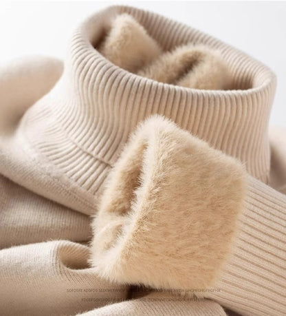 Men‘s Thermal Fleece High-neck Sweater Winter Turn-down Collar Fleece-lined Knitted Pullover Casual Keep Warm Thick Bottom Tops