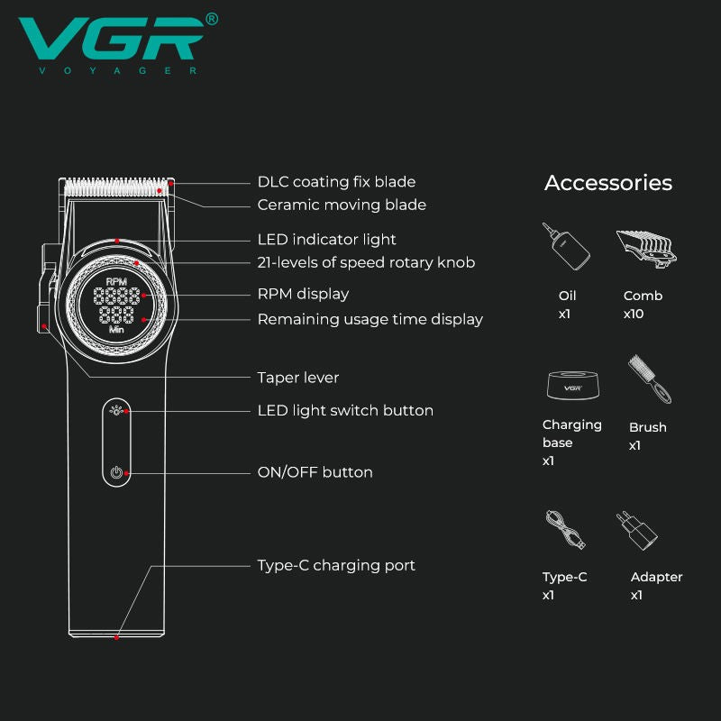 VGR 001 977 new hair trimming set high-end men's hair clipper intelligent digital display electric pusher carving and whitening