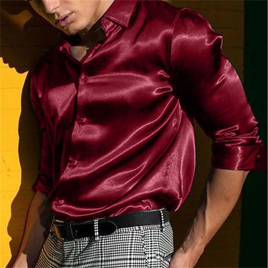 Men's wedding festival shirt solid color black white blue red long sleeve lapel shirt casual loose style fast delivery