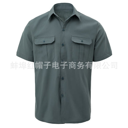 New 2025 Men's Summer Short Sleeve Solid Safari Shirt Loose Casual Cargo Shirt Double Pocket Lapel Button-up Men Work Shirt Tops
