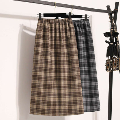 Plus Size Skirt Women 2024 Autumn Winter High Elastic Waist A Line Gray Or Khaki Plaid Skirt Korean Casual Long Skirts Womens