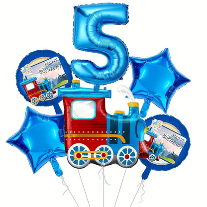 6pcs Retro train Balloon Set Blue Digital 0-9 Foil Balloon Cartoon Train Balloon Birthday Party Decoration Supplies Baby Shower