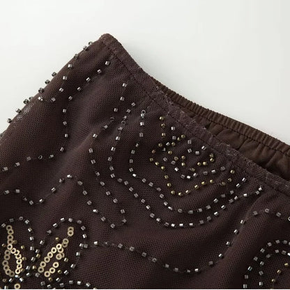 HXAO Women's Pants 2025 Beaded Tulle Pants For Woman Baggy Sequin New In Pants Spring Summer Semi Sheer Women's Trousers 088