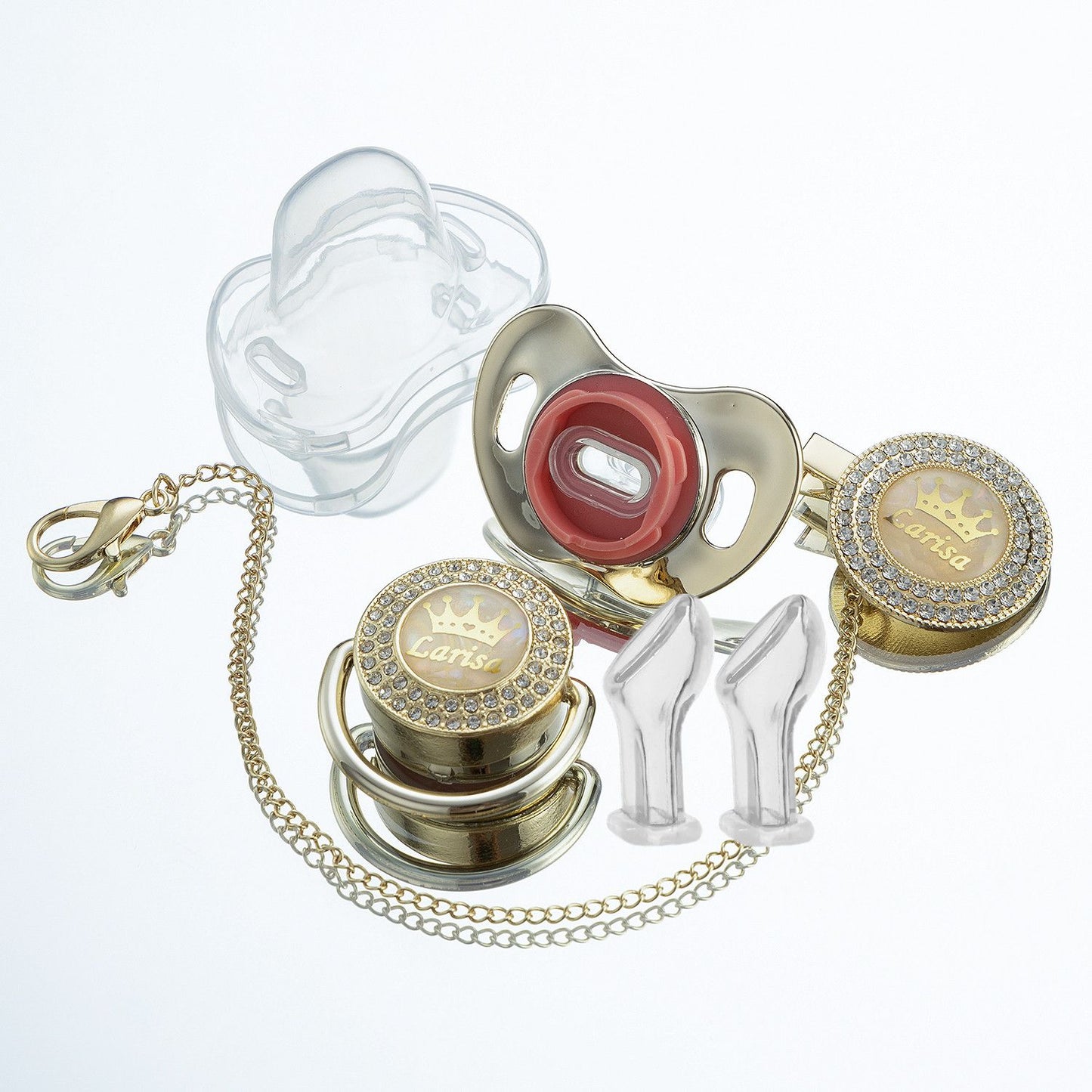 Miyocar Bling Custom Pink Brave Lion Pacifiers Bring 3 Replacement Silicone Teat Include All Size for Boy Girl Baby Shower Gift