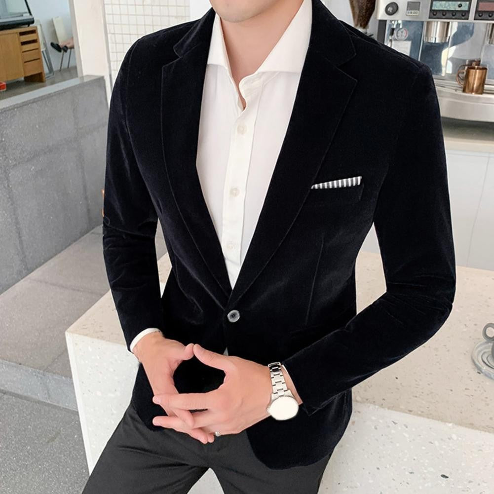 Spring Velvet Men Solid Color Temperament Suit Jacket Turndown Collar Long Sleeve Slim Fit Single Button Velvet Suit Coat
