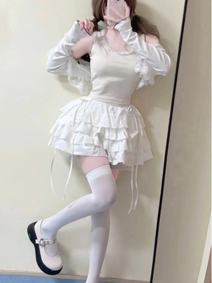 Summer White Mini Skirts Women Lace Patchwork Sweet A-line Slim High Street Bow Korean Fashion Y2k Skirt Harajuku Streetwear Ins