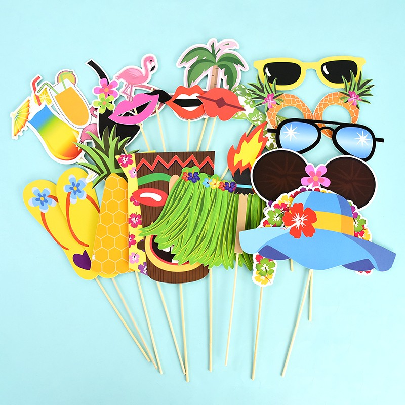 23pcs Hawaiian Party Decorations Photo Booth Props Paper Pineapple Flower Summer Beach Pool Party Hawai Aloha Party Supplies