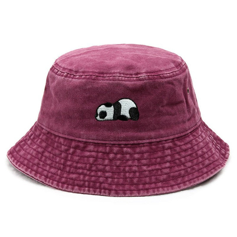 Panda Embroidery Washed Cotton Bucket Hat for Men Women Vintage Wide Brim Sun Protection Adjustable Outdoor Fishing Beach Cap