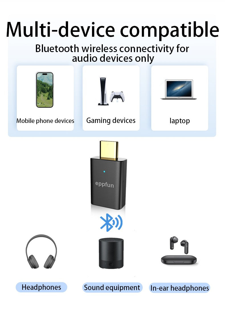 eppfun LE Audio LC3 Bluetooth5.4 Audio Transmitter aptX-LL/HD Type-c Wireless Stereo Music Adapter with Auracast for PC TV PS4/5