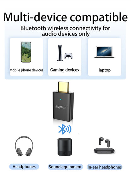 eppfun LE Audio LC3 Bluetooth5.4 Audio Transmitter aptX-LL/HD Type-c Wireless Stereo Music Adapter with Auracast for PC TV PS4/5