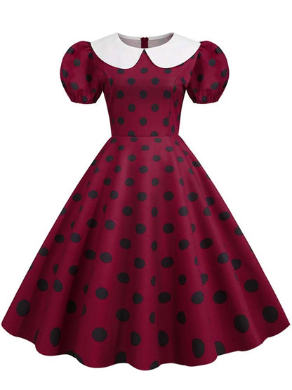 Elegant Women Summer Dress Puff Short Sleeve Polka Dot Peter pan Collar Vintage A-line Midi Long Party Sundress