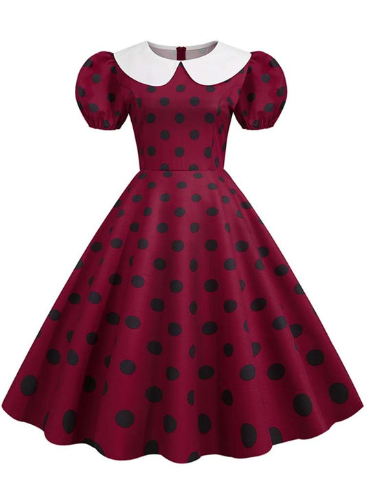 Elegant Women Summer Dress Puff Short Sleeve Polka Dot Peter pan Collar Vintage A-line Midi Long Party Sundress