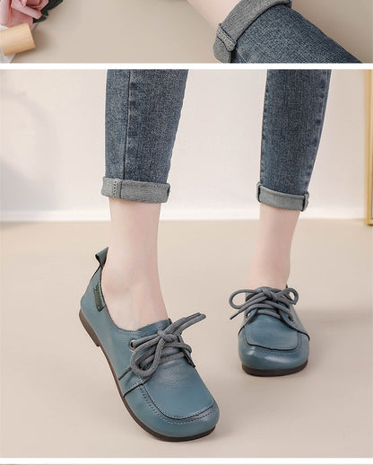 Vintage Plain Oxfords Shoes Women's Genuine Leather Flats Ladies Laced Up Moccasins Elderly Woman Square Toe Driving Loaferss