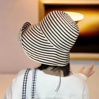 1Pcs Durable Sunproof Striped Bucket Hat Foldable Retro Summer Hat Big Head Circumference Fashion Sunscreen Basin Hat Women