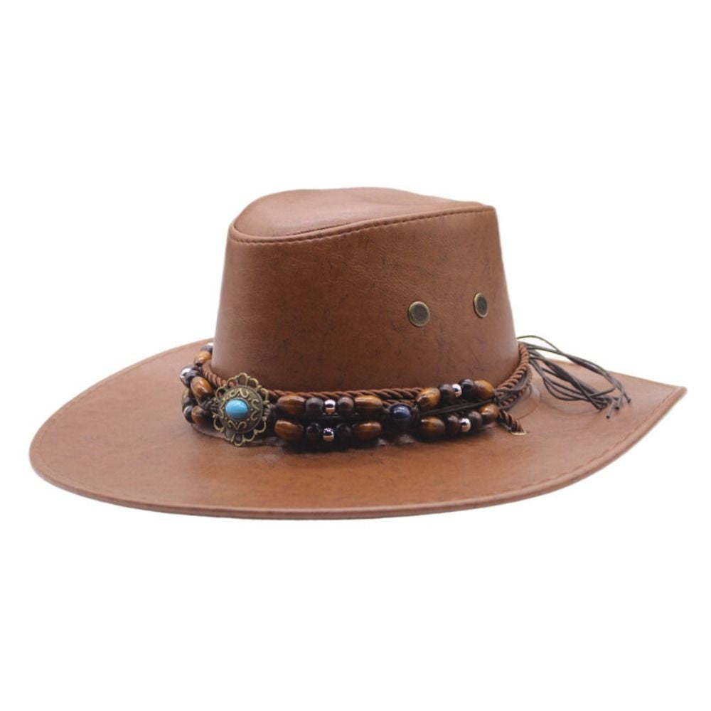 Simple PU Leather Western Cowboy Hat Big Brim Drawstring Sunscrean Bucket Cap Outdoor Travel Hat Hiking Hat Fisherman Hat Travel