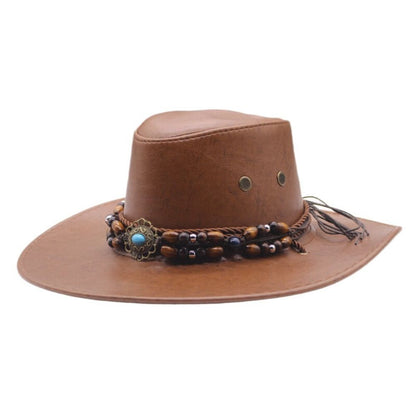 Simple PU Leather Western Cowboy Hat Big Brim Drawstring Sunscrean Bucket Cap Outdoor Travel Hat Hiking Hat Fisherman Hat Travel