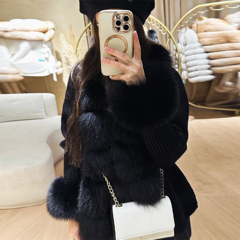 Elegant Knitted Faux Fur Patchwork Women's Coat Thicken Lady Coats 2025 Autumn Winter Chic Female Street Warm Outerwears