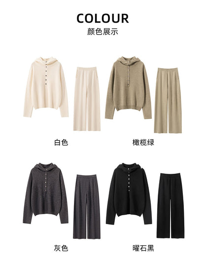 Autumn Winter New 100% Pure Cashmere Women Half Open Front Hoodie Set Knitted Two Piece Pullover Knitwear Wide Leg Pants