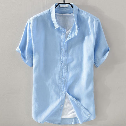 100% Linen Short Sleeve Shirt Men Cotton Linen Clothing Top Casual Summer Half Sleeve Shirt Loose Style Square Collar