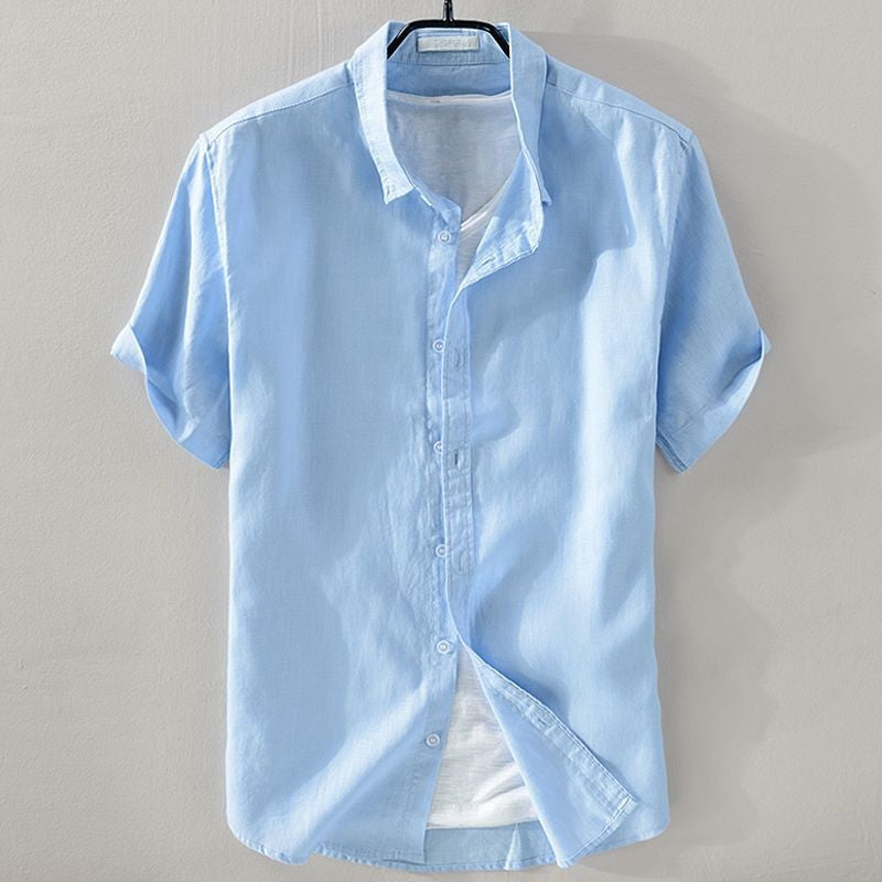 100% Linen Short Sleeve Shirt Men Cotton Linen Clothing Top Casual Summer Half Sleeve Shirt Loose Style Square Collar