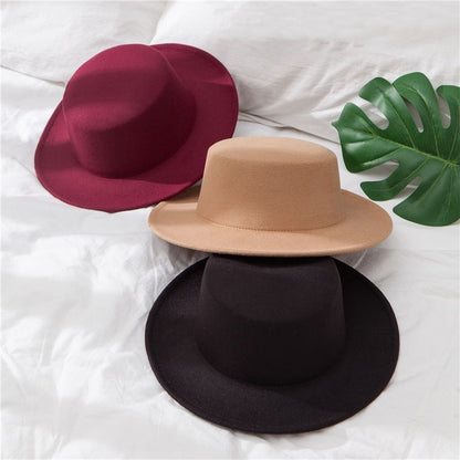Flat Top Fedoras Hats for Women Solid Color Imitation Woolen Jazz Cap Elegant British Wide Brim Ladies Caps Bowler Hats Fedora