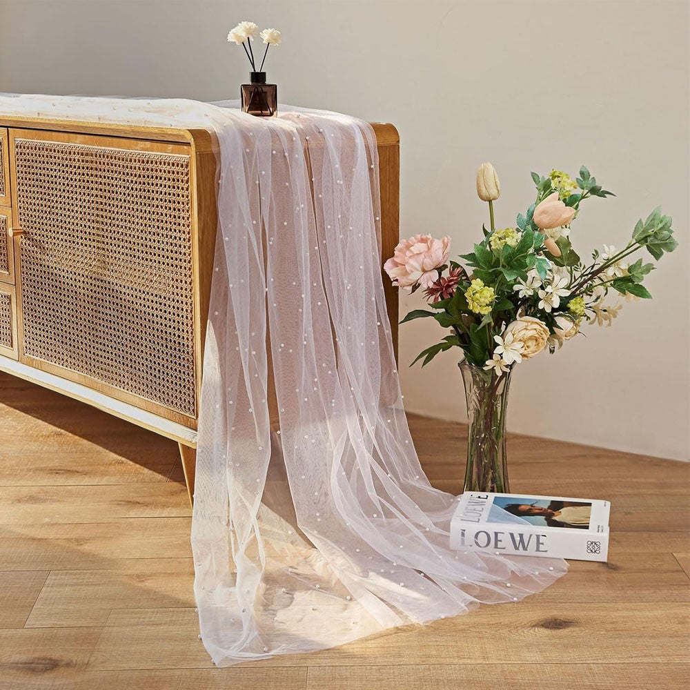 Pearl Tablecloth Wedding Lace Tablecloth Chiffon Tulle Table Cover Wedding Decoration Bridal Veil Party Flower Packaging