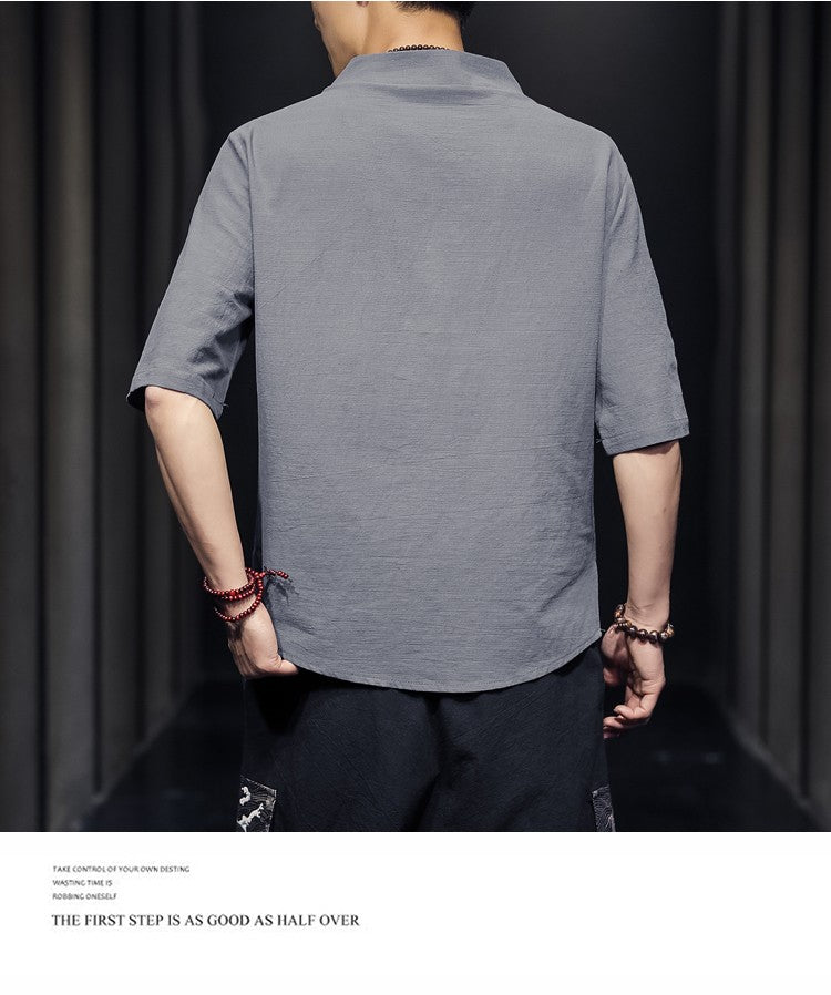 2023 Men Summer Cotton Linen Tang Shirt Men Chinese Style Button Short-Sleeved Shirts Male Blouse Vintage Kung Fu Hawaiian Shirt