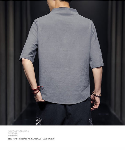 2023 Men Summer Cotton Linen Tang Shirt Men Chinese Style Button Short-Sleeved Shirts Male Blouse Vintage Kung Fu Hawaiian Shirt