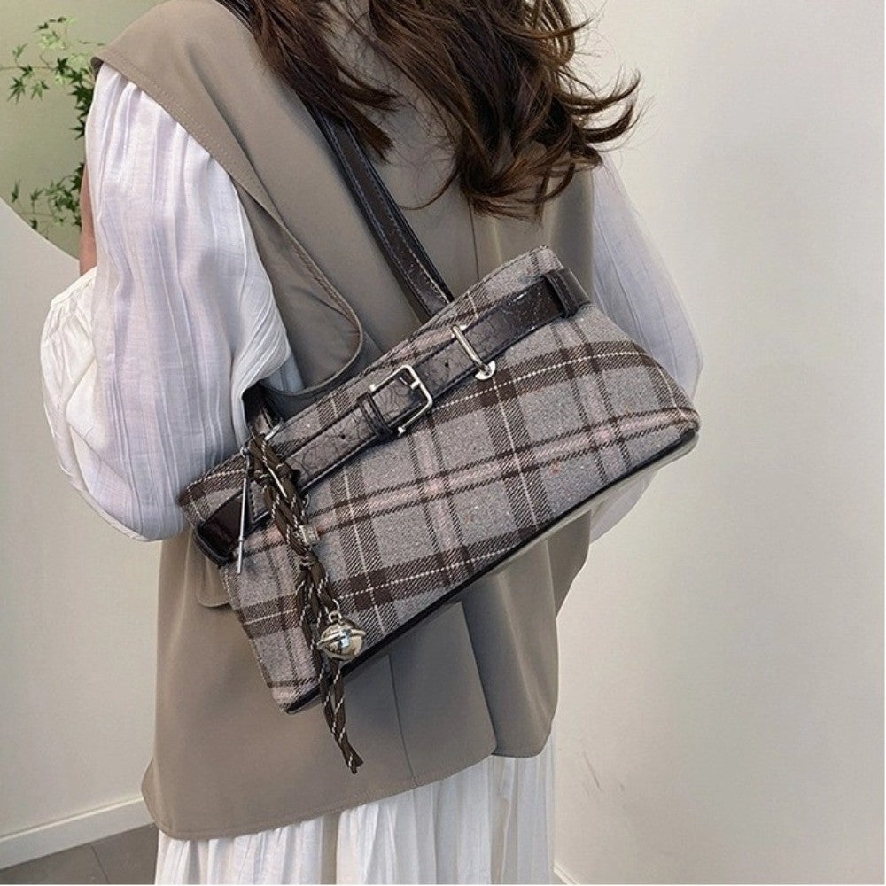 New Handbag Boho Shoulder Bag Bell Pendant Lightweight Tote Bag Plaid Women's Bag Women