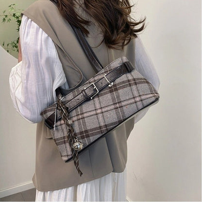 New Handbag Boho Shoulder Bag Bell Pendant Lightweight Tote Bag Plaid Women's Bag Women