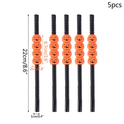 5Pcs Halloween Straws Reusable Plastic Pumpkin Skull Straw 2025 Halloween Bar Party Decoration Supplies Beverage Ornaments