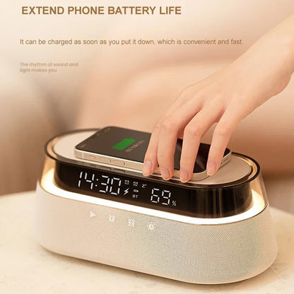 6-in-1 Smart Alarm Clock - 15W Wireless Charger, Bluetooth Speaker, FM Radio, Dual Alarm, USB Charger & RGB Night Light